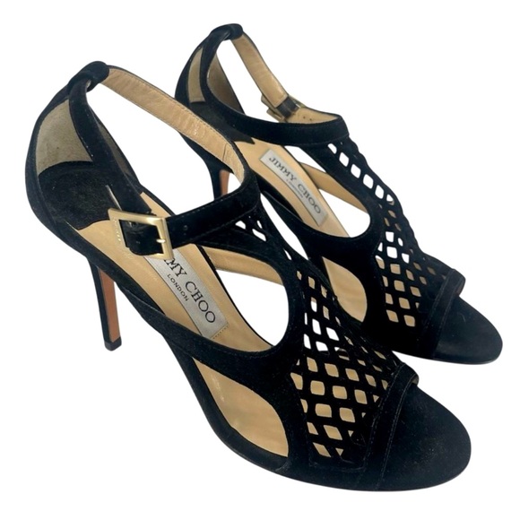 Jimmy Choo Black Suede Perforated Heeled Sandals w/ Ankle Strap EU 37.5, US 7.5 - Picture 1 of 15